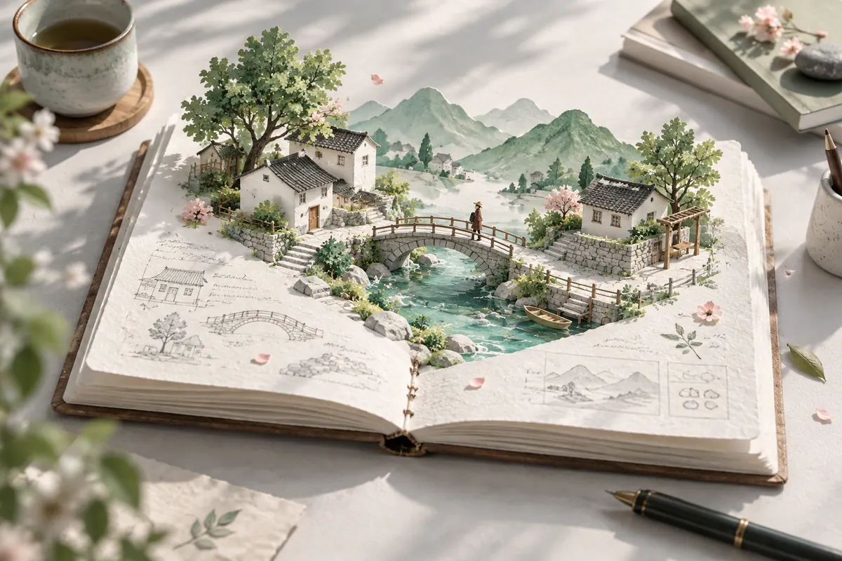 AI 概念插画：打开的笔记本中展开桥梁、溪流与山间小镇